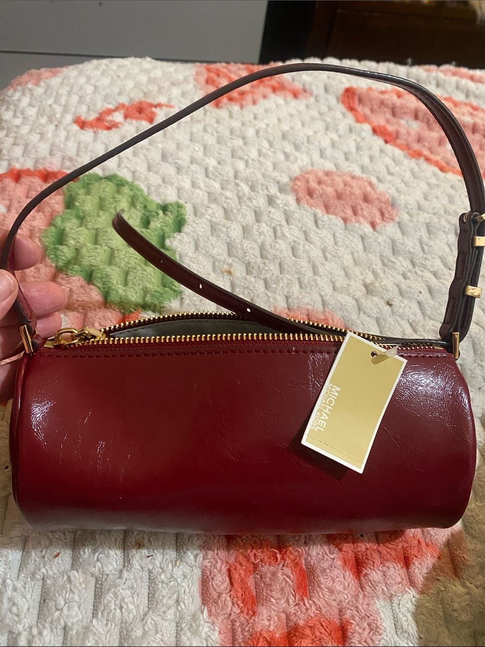 Michael Kors Burgundy Patent Leather Mini Barrel Bag with Gold Hardware